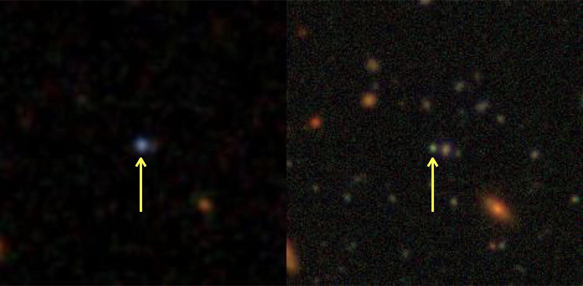 Bright images of the galaxy J0218−0036 (redshift 1.8; distance 10 billion light years), shown by yellow arrows. The image on the left is taken by the Sloan Digital Sky Survey (SDSS), and the image on the right is the Hyper Suprime-Cam (HSC) on the Subaru Telescope. Comparing the brightness of these two images shows that the galaxy lost a lot between the beginning in 2002. The HSC image shows it as it was in 2018. (Credit: SDSS, HSC-SSP/NAOJ)