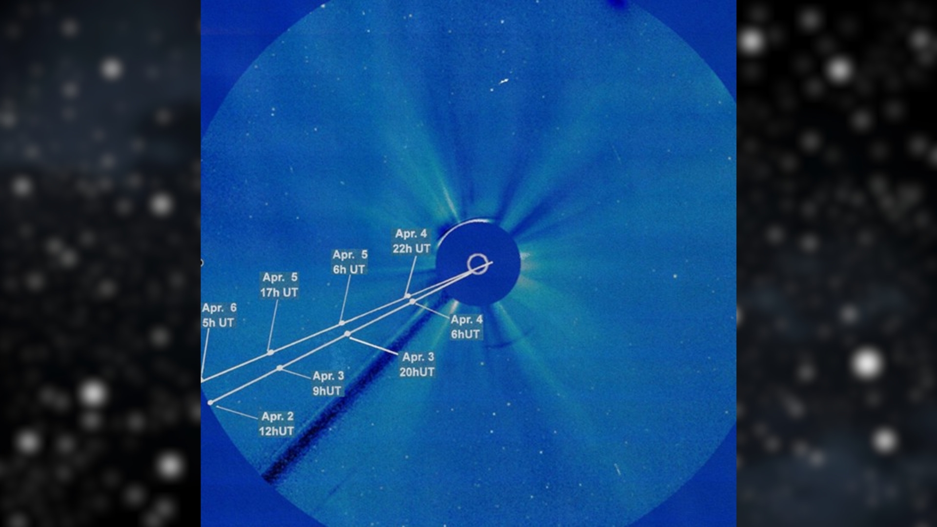 image showing the possible location of the comet maps as viewed from SOHO.