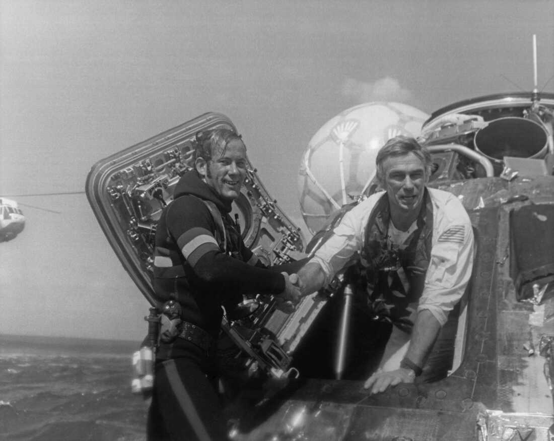 NASA astronaut Eugene Cernan, commander of the Apollo 17 lunar mission, is welcomed back to Earth after splashing down in the Pacific Ocean on December 19, 1972.