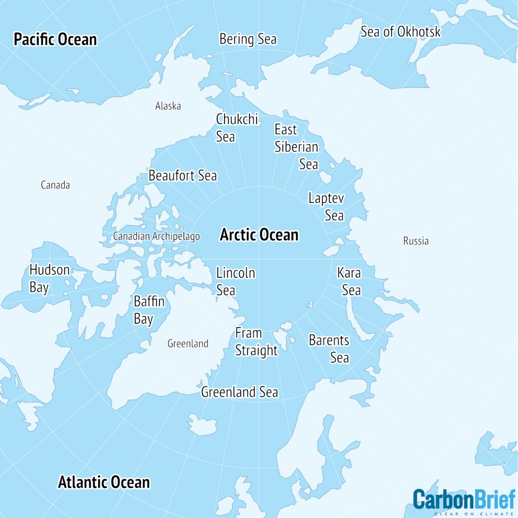 A map showing the main areas of the Arctic.