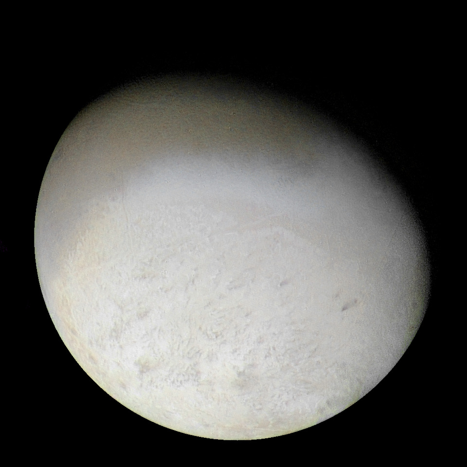Image of Neptune's moon Triton with different shapes in yellow.
