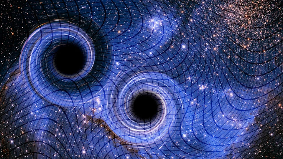 The two dark black holes are surrounded by waves of blue light that melt and twist, all toward the starry foreground.