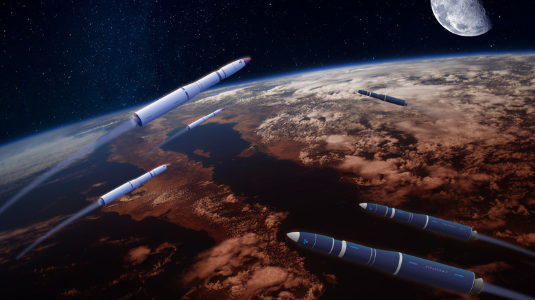 arrows crossing together in space above the earth, the concept of hypersonic flight