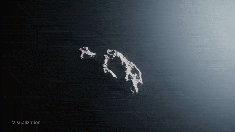 Slow motion animation showing the comet's slow rotation and retreat as it shoots out a giant jet of gas and dust.