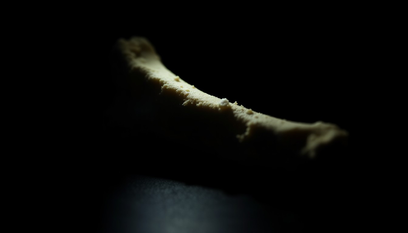 A close-up of a piece of human bone or other evidence related to a crime scene, lit by a hard, straight camera light against a black background, conveys a crisp, light, investigative quality.