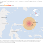 Map showing the 7.4-magnitude earthquake off the coast northwest of Ternate, Indonesia, on April 2. The orange-red rings in the middle indicate deep shaking across North Maluku and parts of Sulawesi.