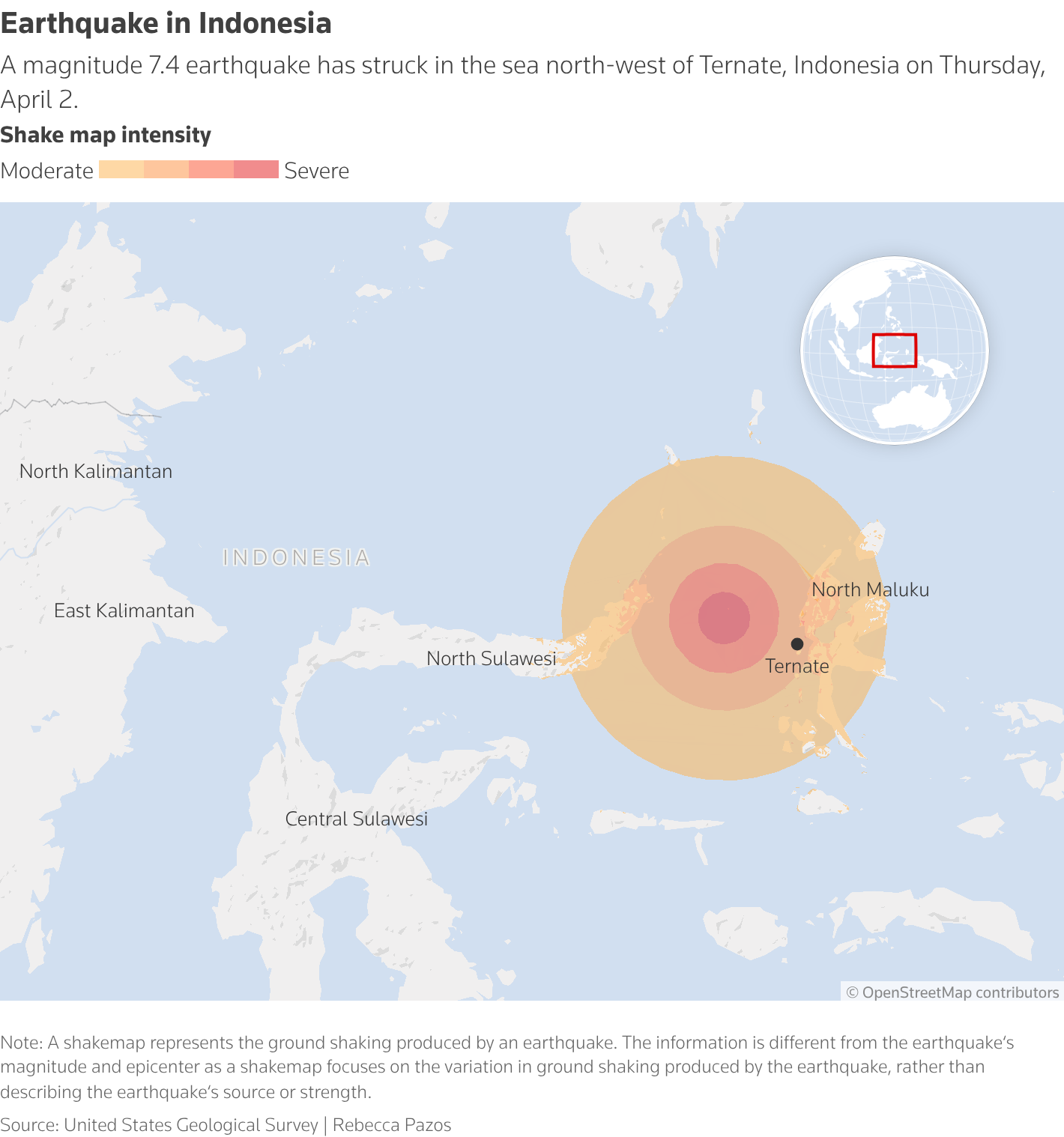 Map showing the 7.4-magnitude earthquake off the coast northwest of Ternate, Indonesia, on April 2. The orange-red rings in the middle indicate deep shaking across North Maluku and parts of Sulawesi.