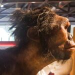 A digital recreation of a Neanderthal and a modern human standing side-by-side, representing the genetic blending of the two lineages.