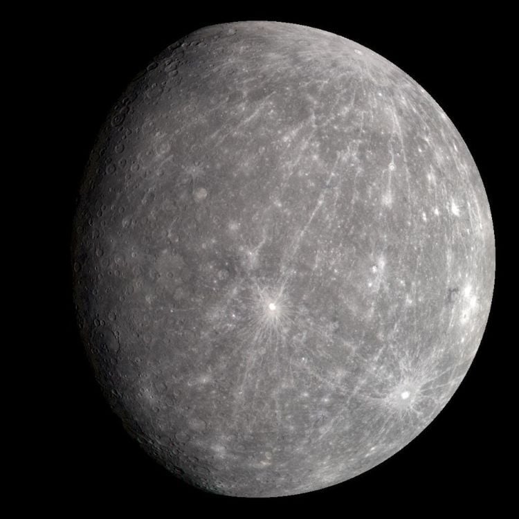 Image of Mercury obtained by NASA's MESSENGER spacecraft in 2008. (Credit: NASA/Johns Hopkins University Applied Physics Laboratory/Arizona State University/Carnegie Institution of Washington)