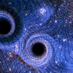 The two dark black holes are surrounded by waves of blue light that melt and twist, all toward the starry foreground.