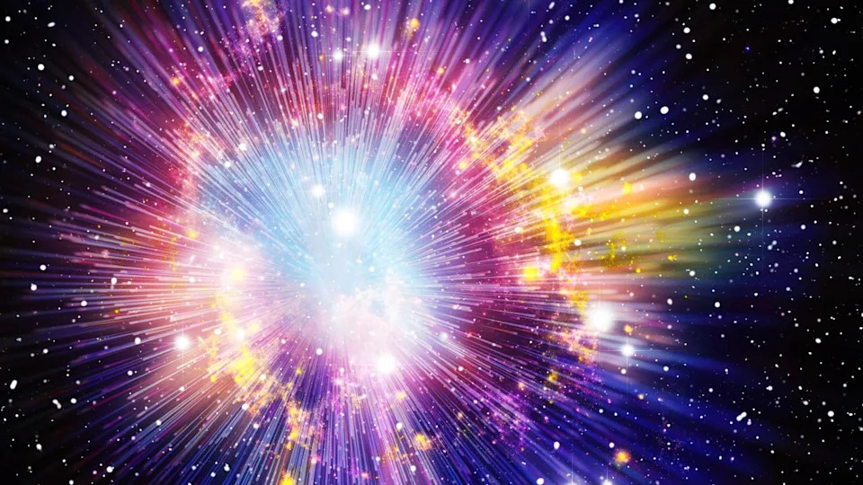 The image of the Big Bang, with its purple, blue and yellow color spread out from a bright white light with vertical rays coming from all directions, all over a black starry sky.