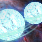 Two ice blue balls are shown moving towards each other.