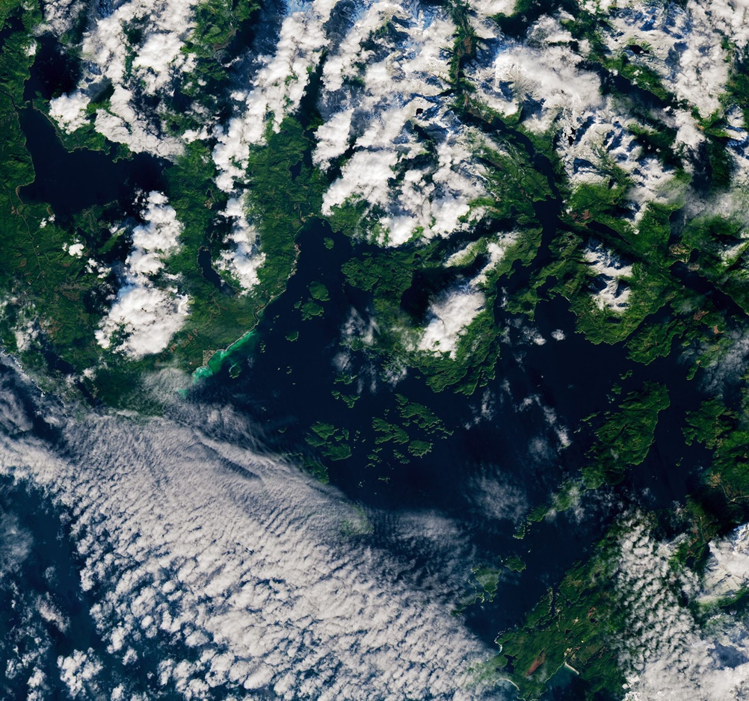 Most of the water off the coast of Vancouver Island appears cloudy and green to turquoise in color.