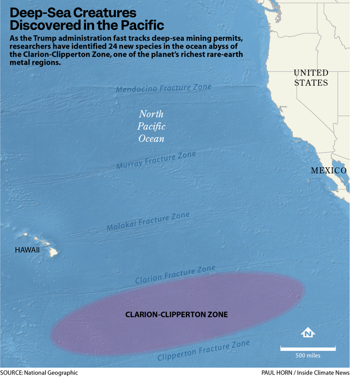 Map of the Pacific Ocean, with the Clarion-Clipperton Zone, between Hawaii and Mexico, shaded purple.