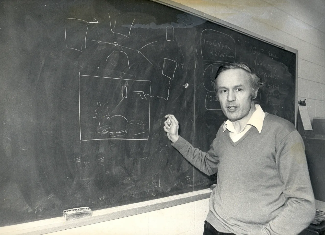 Tony Leggett lecturing on Schrödinger's cat at the Loomis Laboratory, University of Illinois Urbana-Champaign, circa 1985.