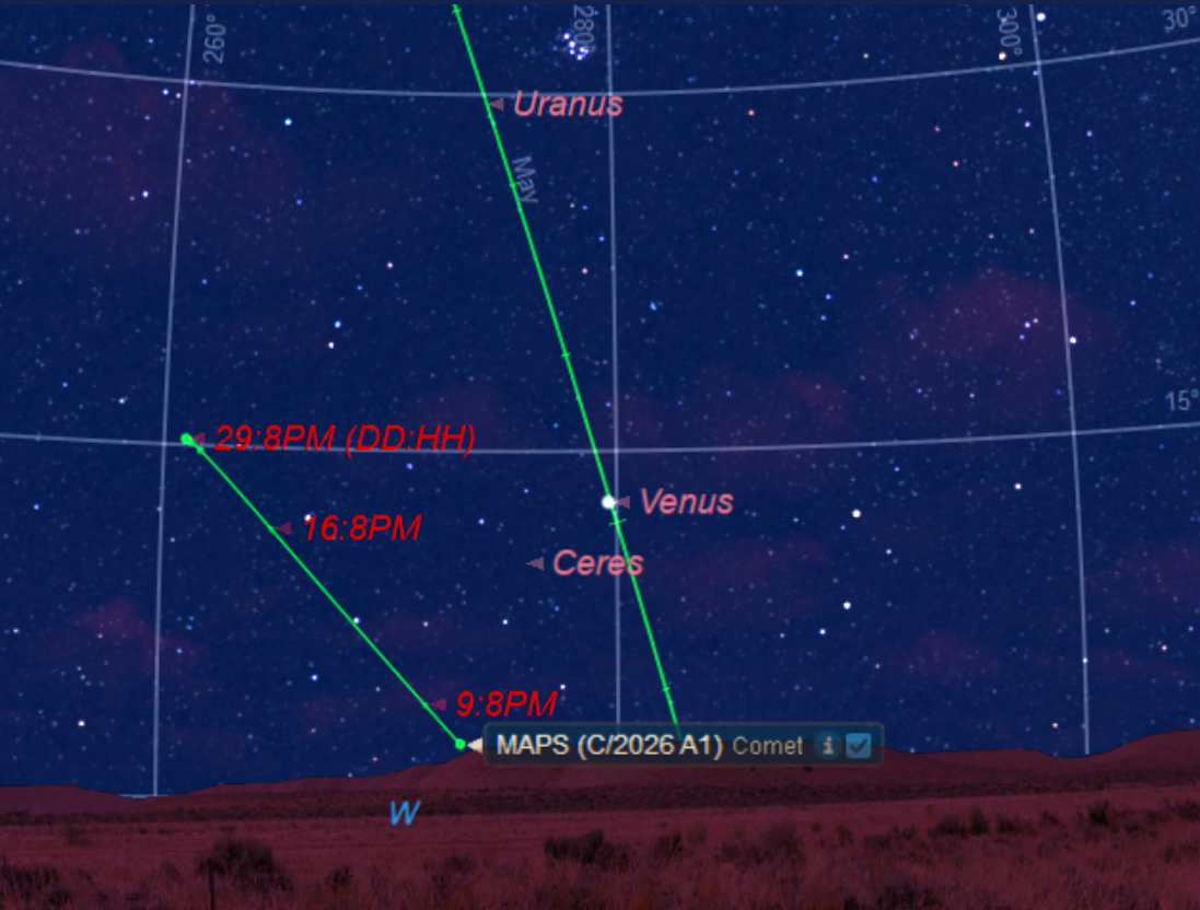 Comet A1 MAPS comes out in April (assuming it survives(!). Credit: Starry Night.