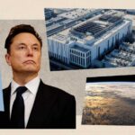 This collage shows photos of Elon Musk's SpaceX Starship in flight, a data center in California and the International Space Station above Earth. Many photographs are shaped like parallelograms or trapezoids.