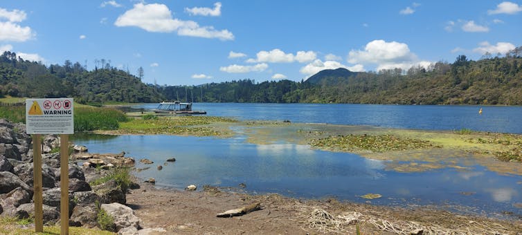 This picture shows green mud in the Waikato River, with a legal warning sign.